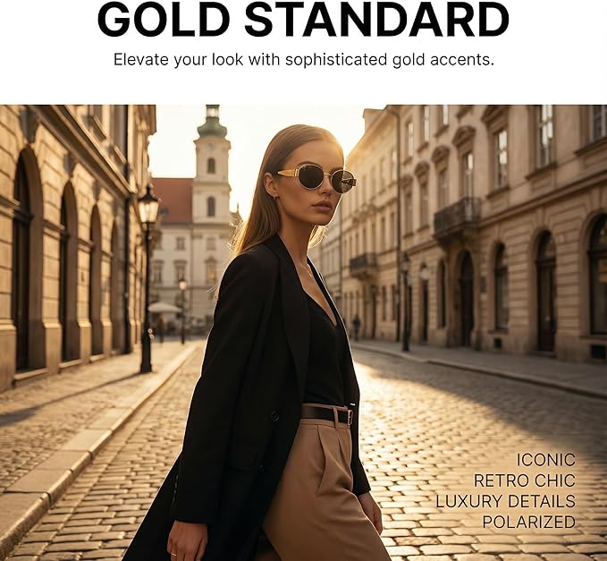 Retro Round Sunglasses for Men Women - Classic Metal Frame Circle Glasses - Vintage Steampunk Style Eyewear (Gold & Silver)