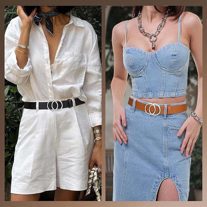 SANSTHS 2 Pack Women Leather Belts Faux Leather Jeans Belt with Double O Ring Buckle