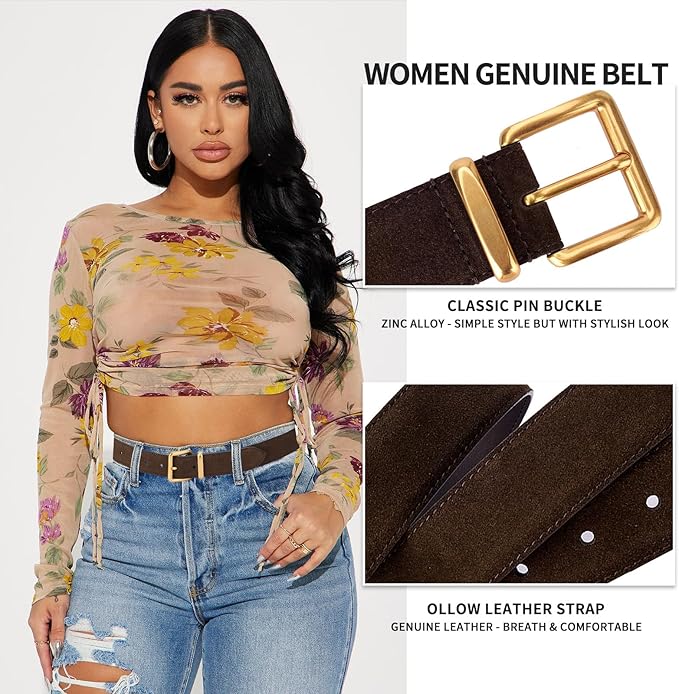 TINIDI Women Genuine Leather Belt for Jeans Pants Dress Fashion Ladies Waist Belt with Gold Buckle