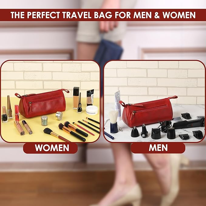 Red Leather Cosmetic Bags For Women - Leather Makeup Bag for Purse, Small Cosmetic Pouch for Travel, Handmade Make Up Case for Purses, Cute Make up Essential Small Makeup Pouch for Daily Use