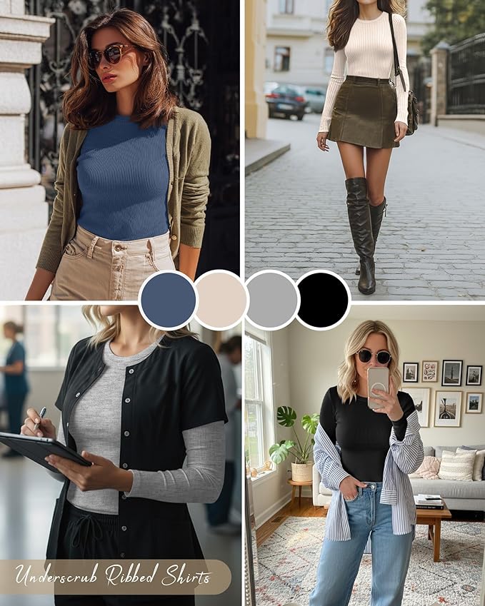 Neer 4 Pack Women's Ribbed Long Sleeve Shirts, Cotton Crew Neck Slim Fit Tops Stretch Knit Casual Base Layer Basic Tee Shirts