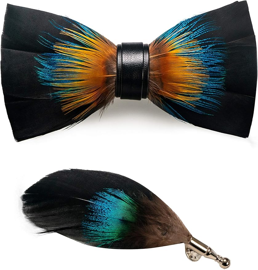 RBOCOTT Handmade Feather Pre-tied Bow tie and Brooch Sets for Men