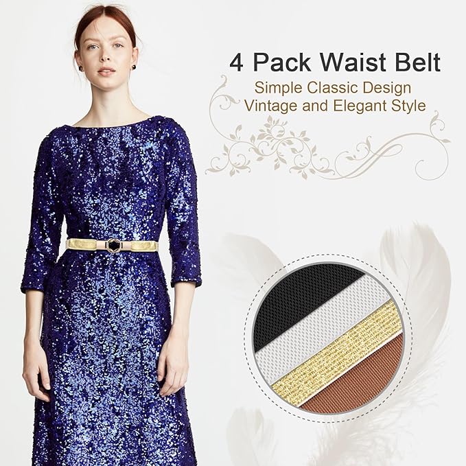 WERFORU Women Skinny Belt for Dresses Retro Stretch Waist Belt with Gold Buckle Set of 4