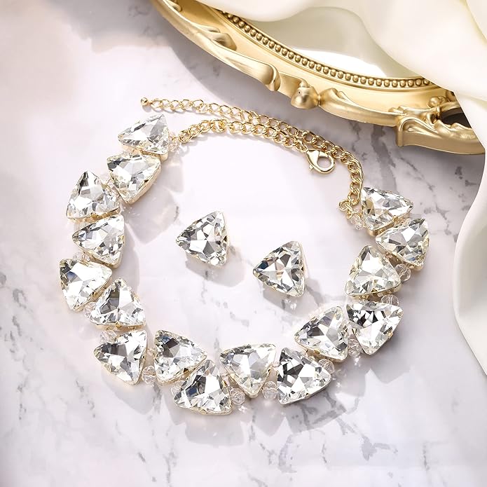 BriLove Art Deco Sparkly Triangle Statement Necklace Earrings Set for Women