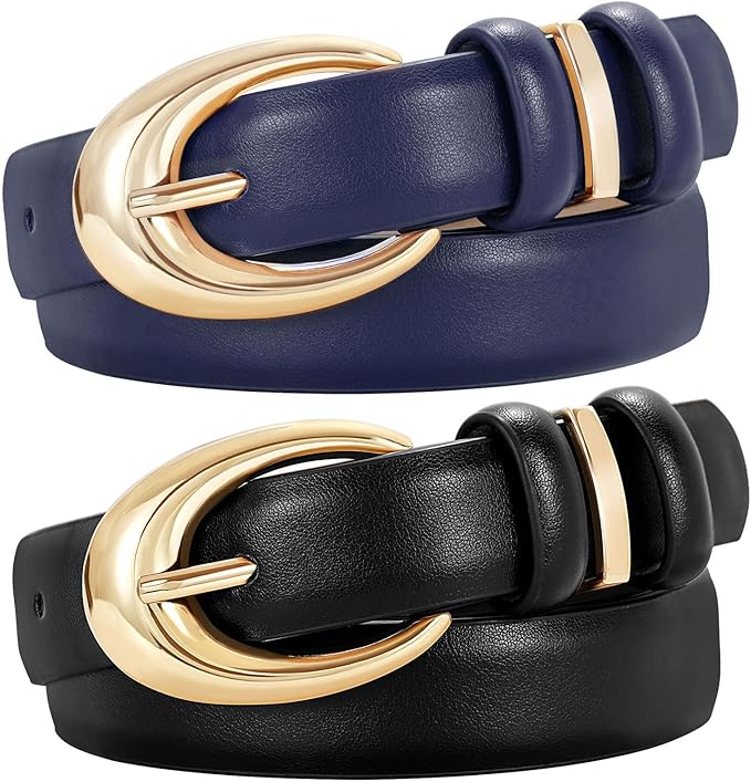 TRIWORKS 2 Pack Women Leather Belt for Jeans Pants Fashion Ladies Skinny Faux Leather Belt with Gold Buckle