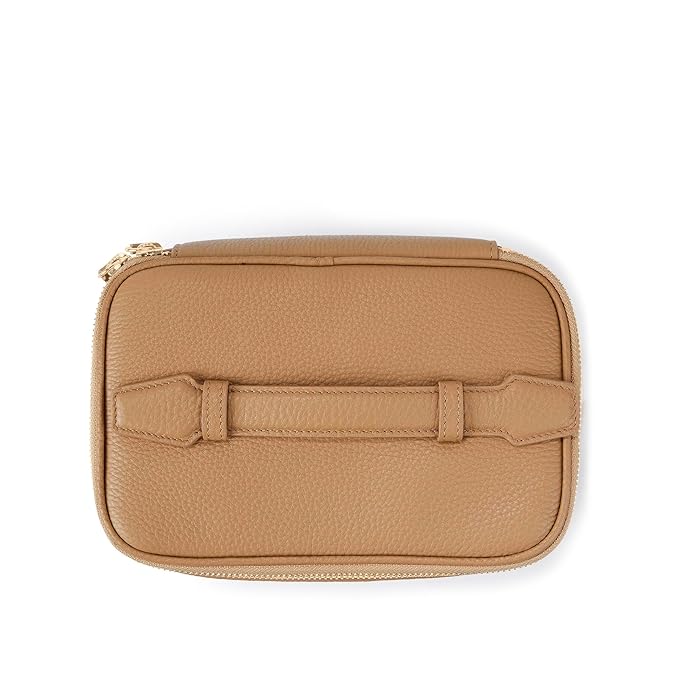 Leatherology Camel Small Train Case – Full-Grain Leather Travel Cosmetic Bag with Water-Resistant Lining, Zippered & Open Pockets, Compact Beauty Organizer