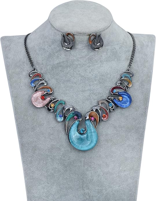 Retro Women's Crystal Floral Petal Leaf Chunky Statement Necklace and Earrings Set Party Jewelry