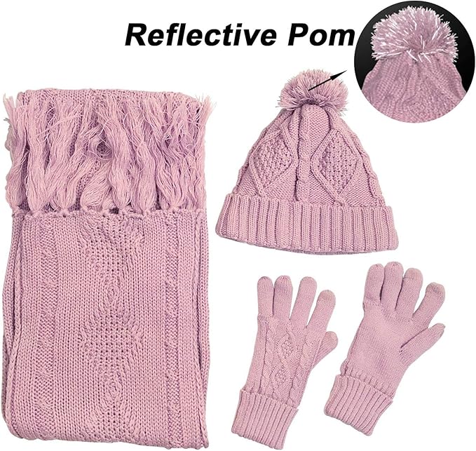 Winter Hat Gloves Scarf Set for Women, Cable Knit Beanie Pom Cap Touch Screen Glove Long Scarf 3PCS Winter Gift for Women Men