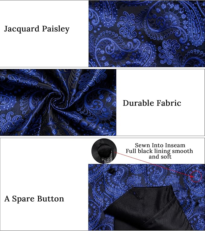 DiBanGu Mens Paisley Suit Vest Silk Jacquard Waistcoat and Necktie Set Formal Shawl Collar Dress Vest 7PCS for Wedding Party