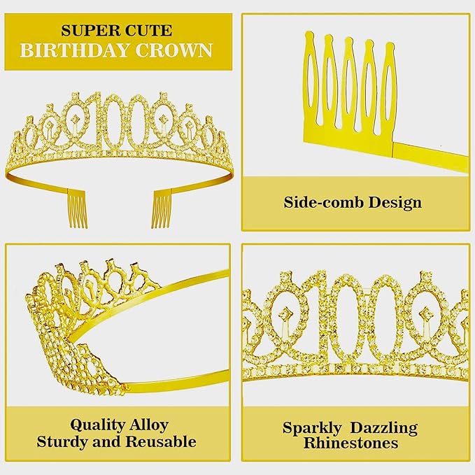 100th Birthday Decorations for Her Girls Set, Include 100th Birthday Crown and 100 Sash, 100th Birthday Cake Topper and 100 Birthday Candles, Gold 100 Balloons, Women 100 Party Supplies(Gold)
