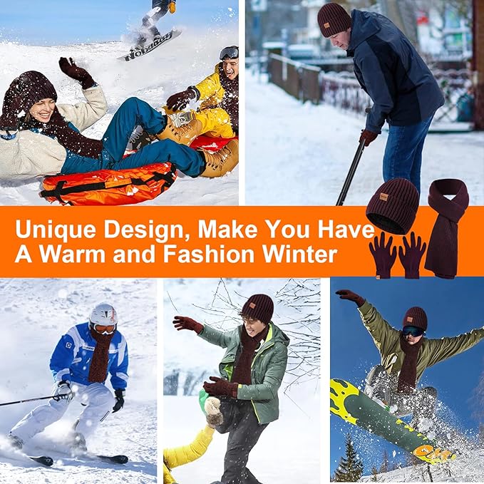 3PCS Winter Beanie Hat Scarf Touchscreen Gloves Set for Men and Women, Knitted Fleece Lined Hats Thermal Gloves Long Scarf