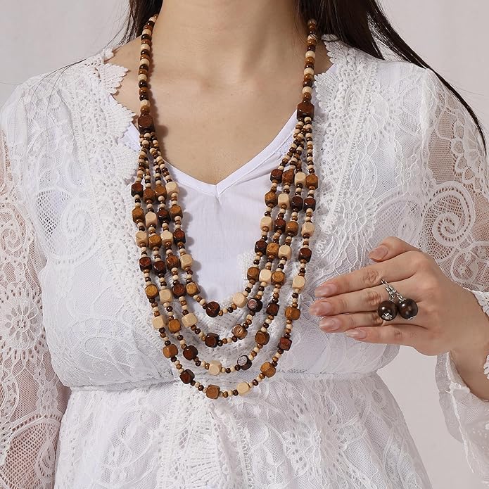 MILAKOO Wood Beads Necklace & Earrings for Women Chunky Multi-Layering Choker Necklace Ear Pendant