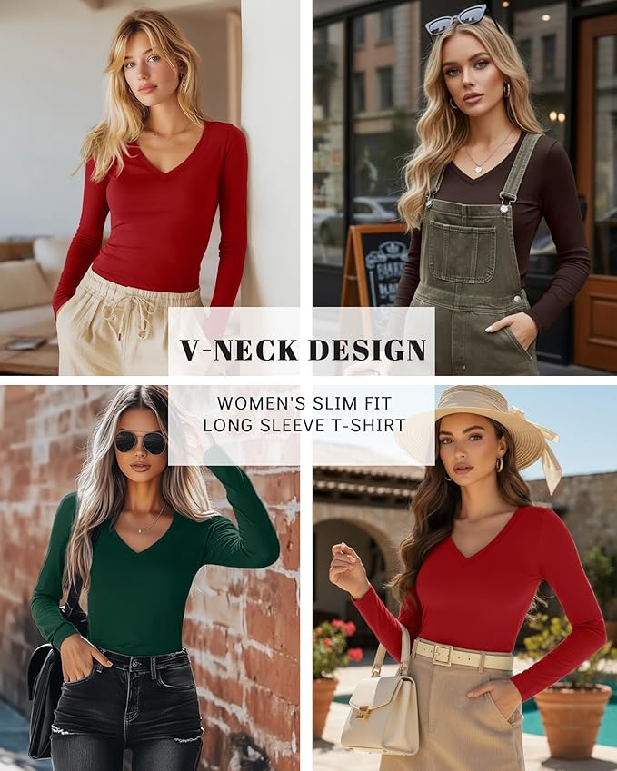 Ficerd 3 Pack Women's Long Sleeve Shirts, V Neck Basic Tees Slim Fitted Casual Fall Tops Going Out Blouses T Shirts