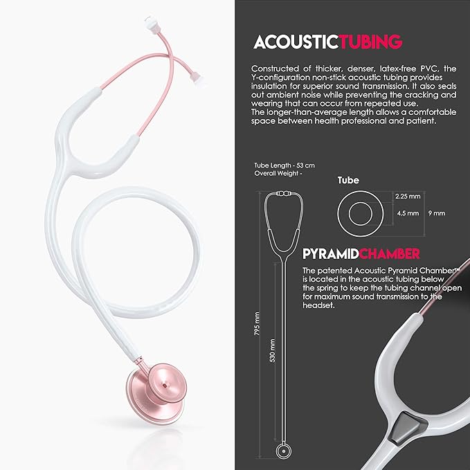 MDF Instruments, Acoustica Lightweight Stethoscope for Doctors, Nurses, Students, Home Health Use, Adult, Dual Head, White Tube, Rosegold (Matte Finish) Chestpiece-Headset, MDF747XPRG29