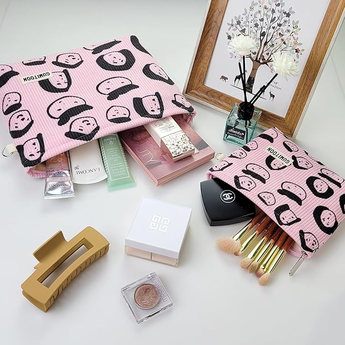 2pcs Pink Corduroy Makeup Bag for woman-aesthetic cute stuff as pouch case and purse organizer for girl-cosmetic travel toiletry bag small baggu glossier (Portrait)
