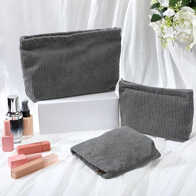 Sanwuta 3 Pack Corduroy Makeup Bag Set Cosmetic Toiletry Travel Pouch Organizer Velvet Makeup Bag for Women Large Pouch Zipper Purse Make up Organizer, Women Girls Gift(Gray)