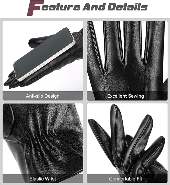 Aegend Winter Gloves Women, Stylish Crossover Wrist PU Leather Gloves with Warm Materials, Full Hand Touchscreen for Phone & Tablet, Slim Fit for Driving & Outdoor(Black,S)