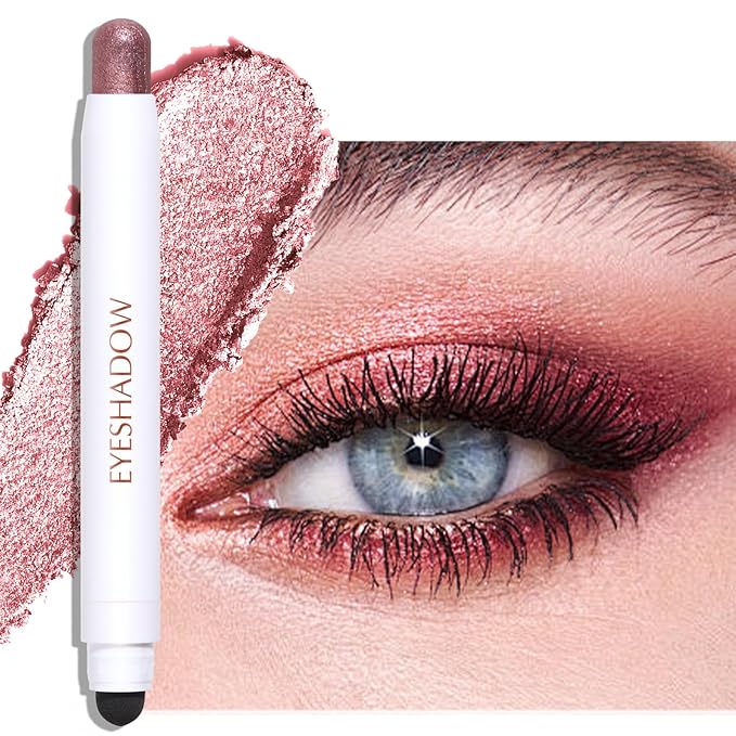 Copper Pink Shimmer Eyeshadow Stick, Cream Eyeshadow Long-Lasting Crease-Proof Neutral Glitter Eye Shadow Eyeliner Pencil High Pigmented Highlighter Makeup with Blending Brush