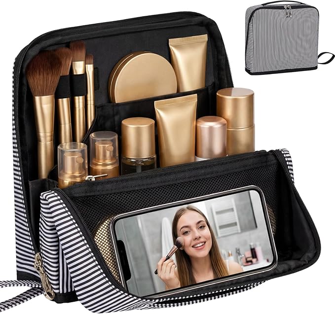 Striped Makeup Bag Large Cosmetic Bags for Women Gift with Brush Loops Mesh Pocket Wrist Strap Travel Organizer Storage Pouch Toiletry Case with Divider for Mirror(Black)