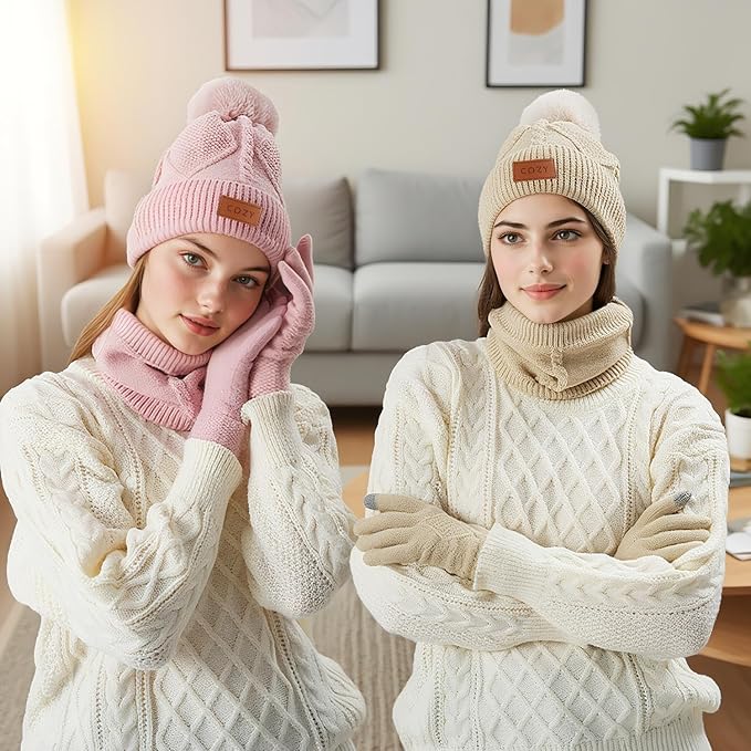 4 Pieces Winter Hat Scarf Glove Set for Women,Fleece Lined Beanie with Pom Pom,Touchscreen Gloves Knit Scarf for Cold Weather