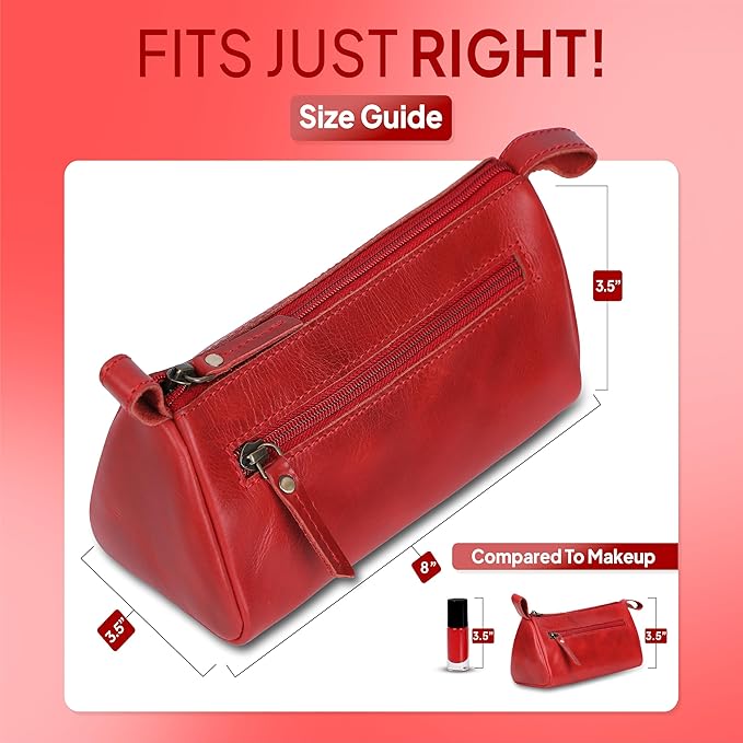 Red Leather Cosmetic Bags For Women - Leather Makeup Bag for Purse, Small Cosmetic Pouch for Travel, Handmade Make Up Case for Purses, Cute Make up Essential Small Makeup Pouch for Daily Use