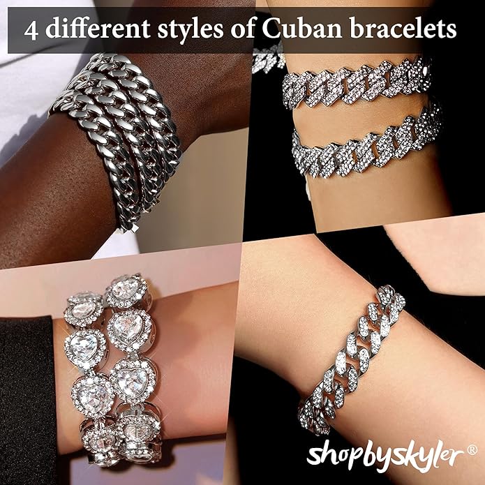 4PCS Gold Bracelets for Women Silver Clustered Tennis Bracelet for Women Heart Round Diamond Cuban Bracelet Layered Link Bracelet Set Fashion Jewelry for Women Set