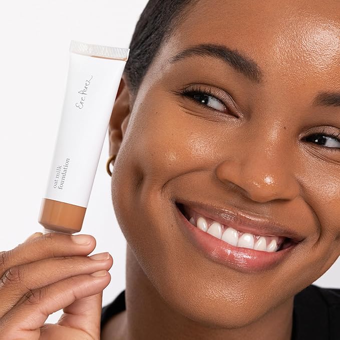 Ere Perez - Natural Oat Milk Liquid Foundation | Breathable, Buildable, Med-Full Coverage, Dewy | Peach Extract, Vitamin E | Vegan, Cruelty-Free, Clean Beauty (Toffee | Med-Dark Warm, 1 fl oz | 30 ml)