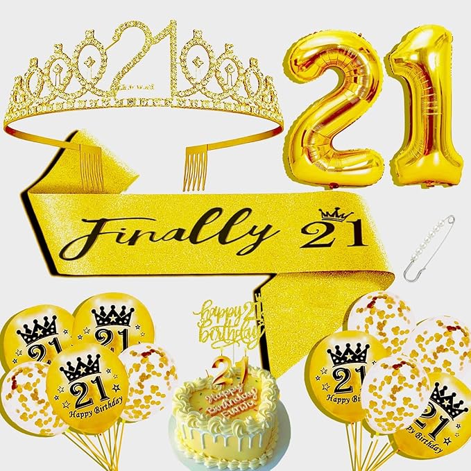Girls 21st Birthday Decorations Set, Include Crown and Sash, Cake Topper and Candles, Gold Balloons, Party Supplies