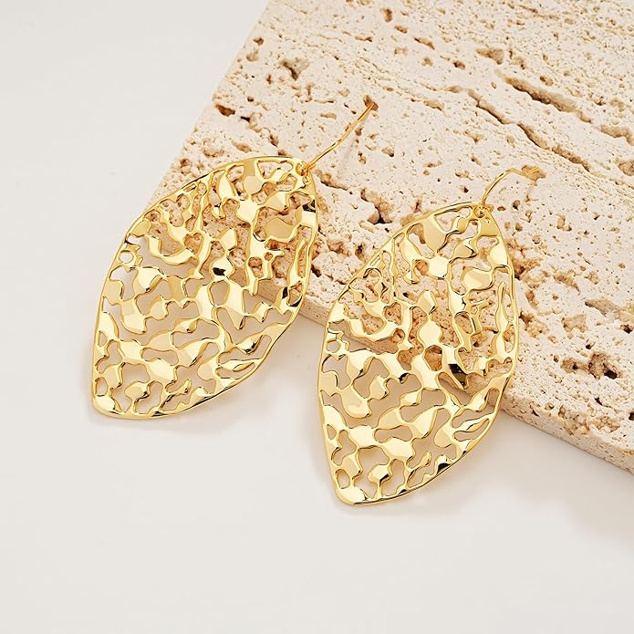 Large Gold Earrings for Women, Chunky Gold Statement Drop Dangle Earring Maple Leave Ginko Leaf Jewelry Gifts
