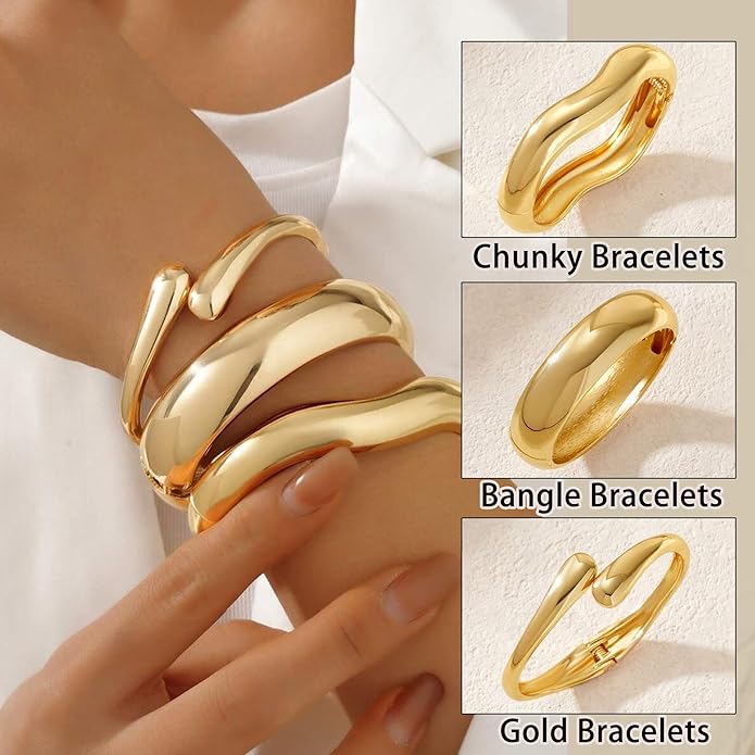 Chunky Gold Bangle Bracelets for Women, 14k Gold Plated Dainty Cuff Stackable Bangles Set, Trendy Bracelet Stack Fashion Jewelry Gifts