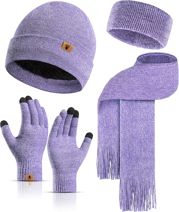Winter Warm Beanie Hat Touchscreen Gloves Long Scarf Set for Women with Headband, Knit Cap Scarves with Tassel for Women