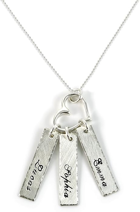 AJ's Collection Triple Bar Sterling Silver Personalized Necklace with Heart Charm. Includes 3 Customizable Charms and your Choice of Sterling Silver Chain. Gifts for Her, Mom, Wife