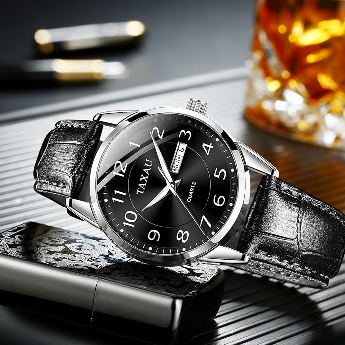 Men's Watch Big Face Easy Read Arabic Numeral Dress Watches for Men Classic Black Brown Leather Band Analog Mens Wrist Watch with Day and Date Fashion Business Waterproof Luminous Quartz Watch