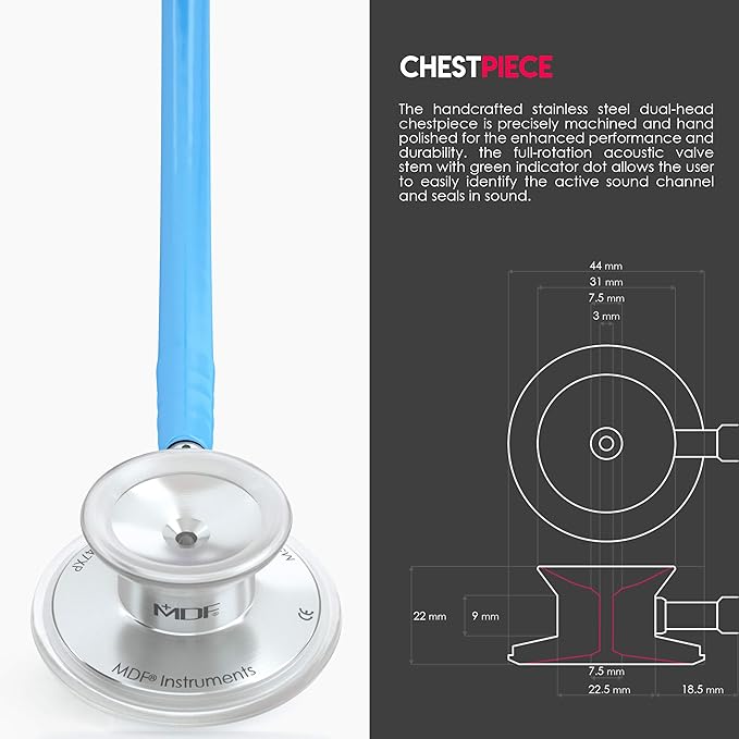 MDF Instruments, Acoustica Lightweight Stethoscope for Doctors, Nurses, Students, Home Health Use, Adult, Dual Head, Bright Blue Tube, Silver Chestpiece-Headset, MDF747XP14
