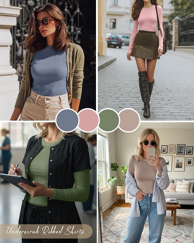 Neer 4 Pack Women's Ribbed Long Sleeve Shirts, Cotton Crew Neck Slim Fit Tops Stretch Knit Casual Base Layer Basic Tee Shirts