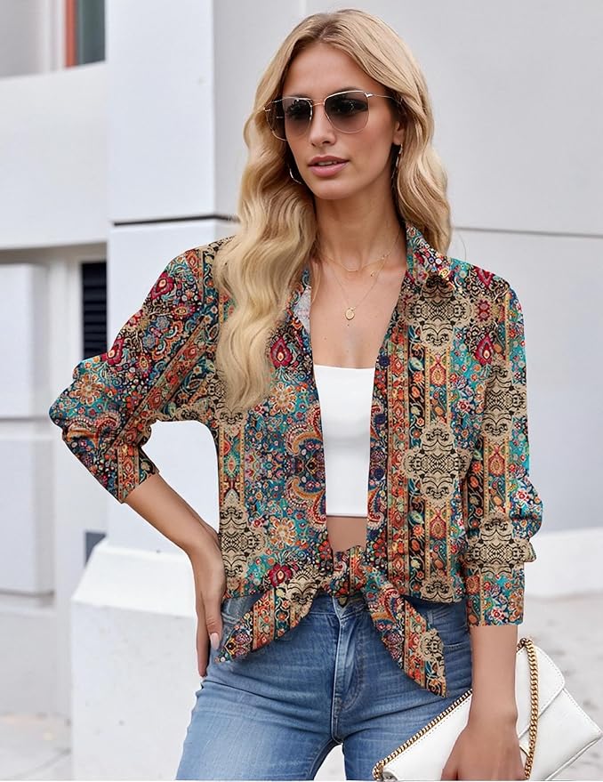 ZEAGOO Button Down Shirt for Women Long Sleeve Blouses Floral Printed Tops Business Casual Work Outfits S-XXL