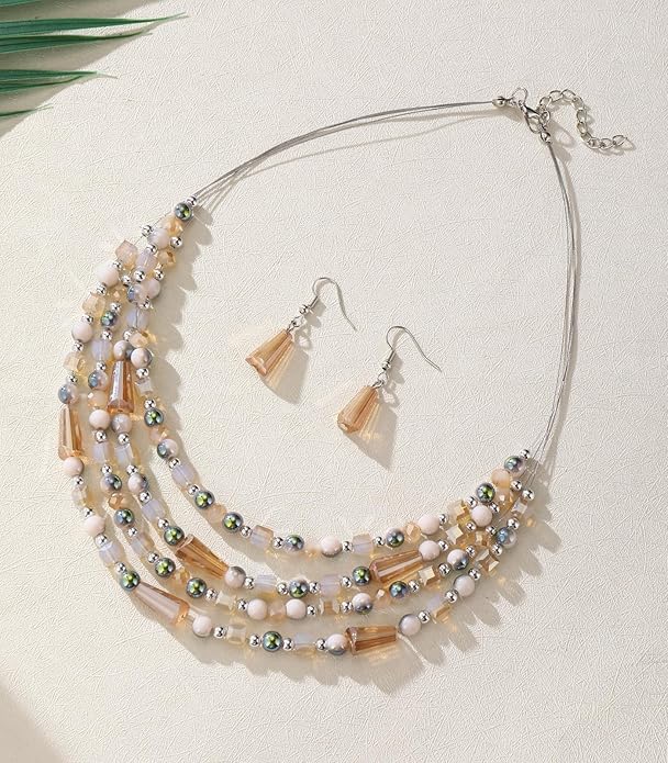 Layered Beaded Statement Necklace Multi Strand Crystal Beads Collar Necklace and Earring Sets for Women Fashion Costume Jewelry Set Gifts for Her