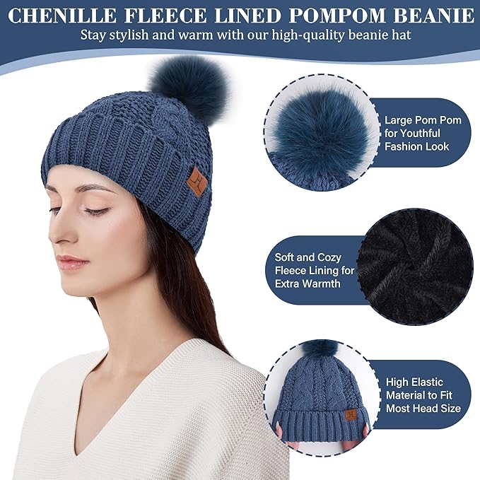 Womens Winter Beanie Hats Scarf Touchscreen Gloves Set Chenille Knit Fleece Lined Beanies Pompom Hat Scarves