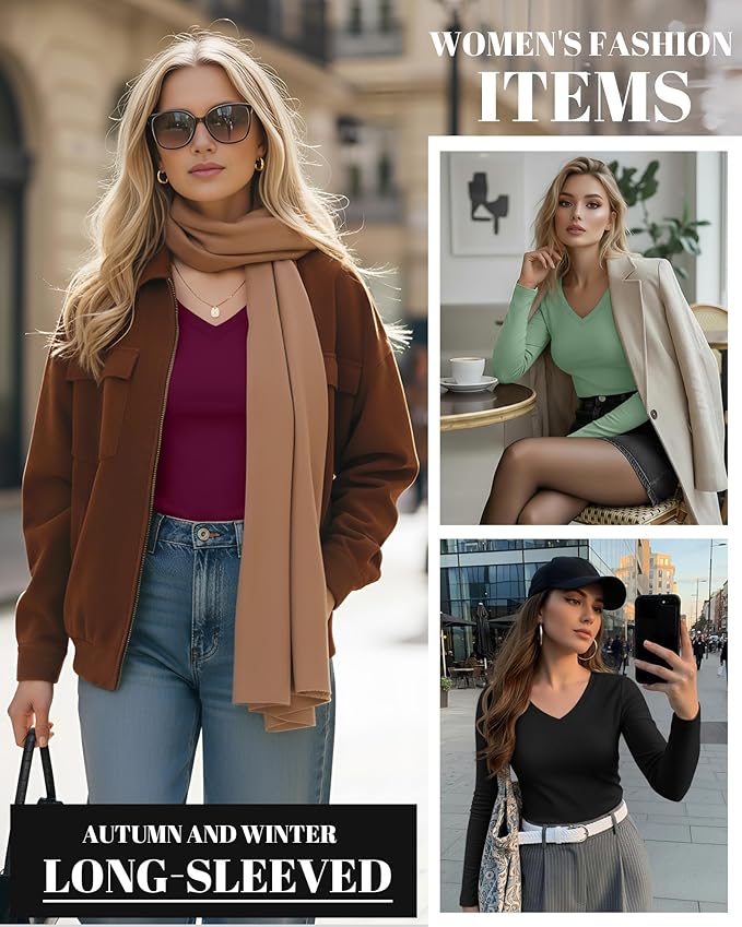 Ficerd 3 Pack Women's Long Sleeve Shirts, V Neck Basic Tees Slim Fitted Casual Fall Tops Going Out Blouses T Shirts