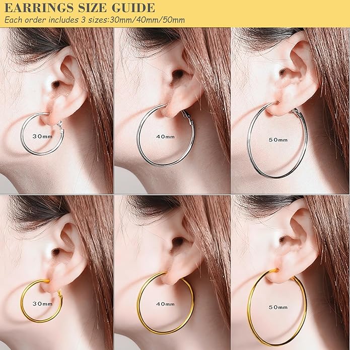 4/5/6 Pairs Stainless Steel 30/40/50/60/70 mm Silver 14K Gold Hoop Earrings for Women Hypoallergenic Big Thin Lightweight Dangle Set