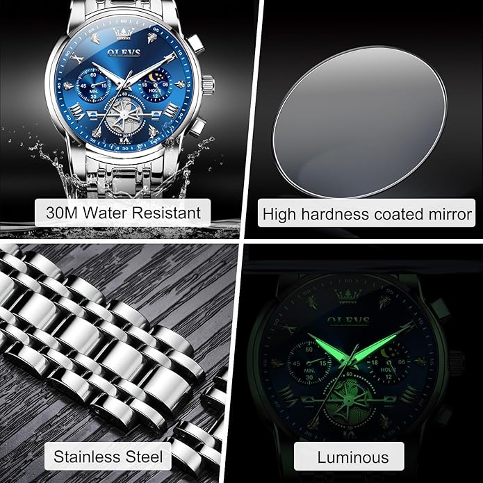 OLEVS Men Watches Stainless Steel Chronograph Watch, Large Wrist Analog Quartz Watch, Fashion Waterproof Diamond Roman Numerals Dress Watches for Men, Gold/Black/White/Blue/Grey Dial