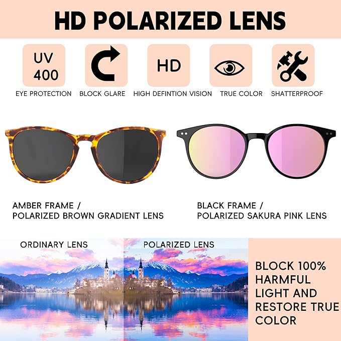 Vintage Round Polarized Sunglasses for Women Men Classic Retro Trendy Designer Style Sun Glasses UV400 Protection