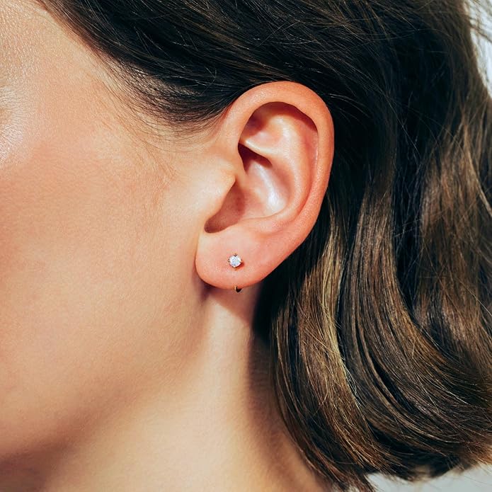 14K Gold Birthstone Huggie Half Hoop Earrings for Women,Round-cut Created Gemstone Minimalist Tiny Earring(4MM*2) Anniversary Birthday Mother's Day Jewelry for Mom Her