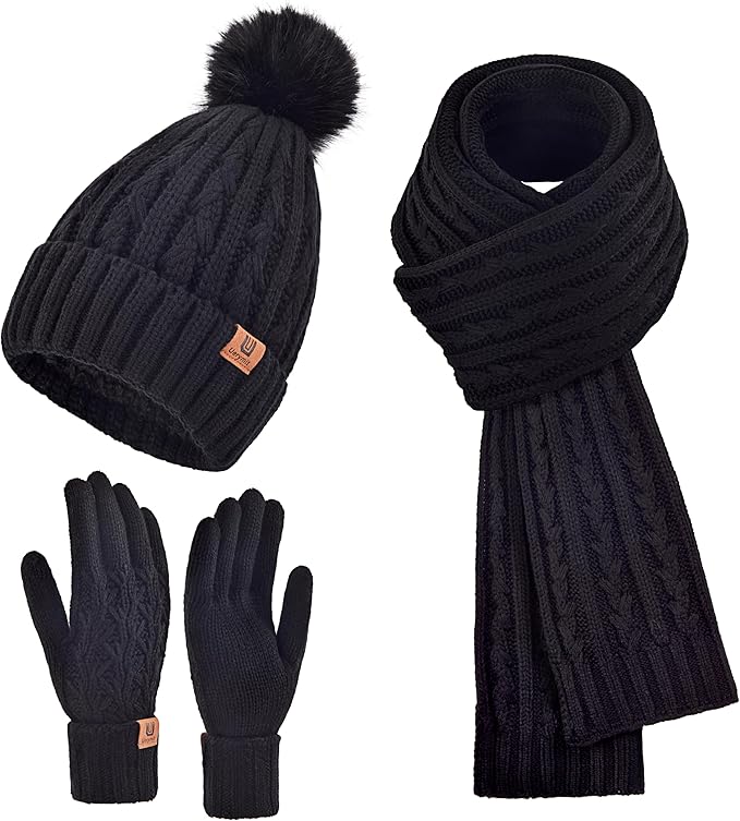 Womens Winter Warm Beanie Hat Long Scarf Touchscreen Gloves Set with Fleece Lined Skull Pom Caps 3 in 1 Set for Gift