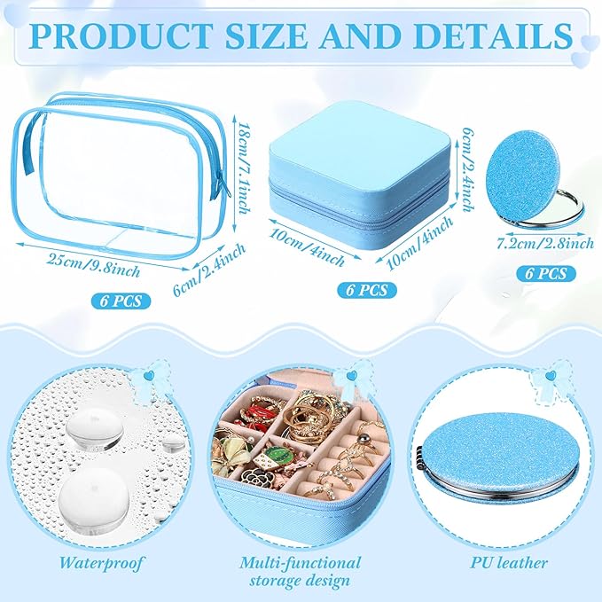 Spa Party Favors Pink Sleepover Party Supplies Bow Headband Wristband Scrunchies Hair Clip Jewelry Case Makeup Bag Mirror for Women Bridesmaid Return Gifts(Blue,48 Pcs)