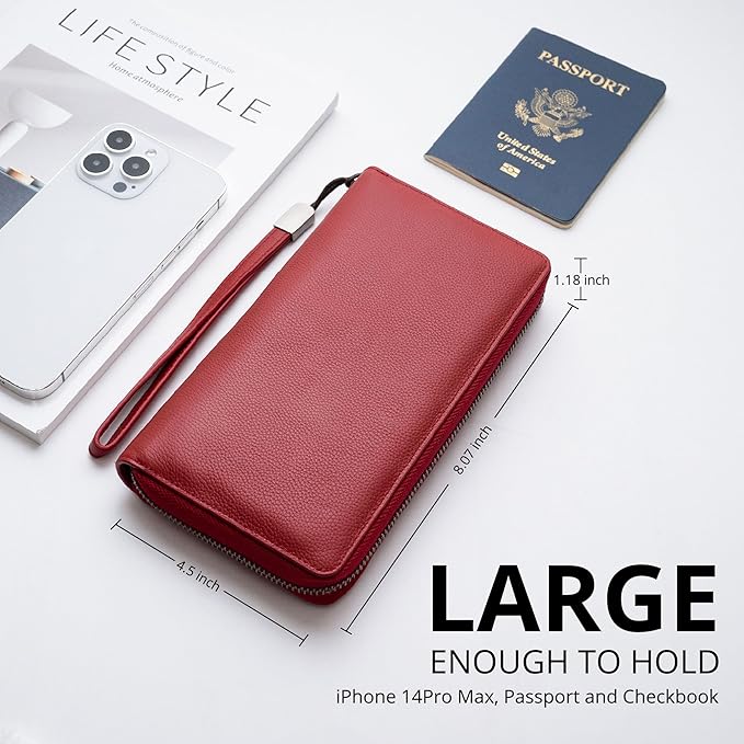 Women's Genuine Leather RFID Blocking Zip Around Wallet with Phone Pocket Large Capacity Travel Wristlet (Wine Red)