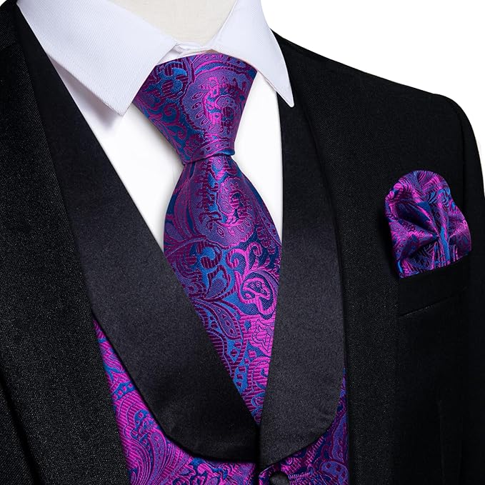 DiBanGu Mens Paisley Suit Vest Silk Jacquard Waistcoat and Necktie Set Formal Shawl Collar Dress Vest 7PCS for Wedding Party