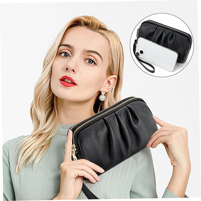 Wristlet Wristlet Wallets for Women, Wallet Stylish Black Ruched 7x2.4x3.9 Cell Phone Purse with Detachable Wrist Strap