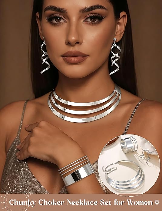 JOERICA Bib Choker Necklace Set for Women Wide Cuff Bangle Bracelets Long Statement Dangle Earrings African Costume Jewelry Set