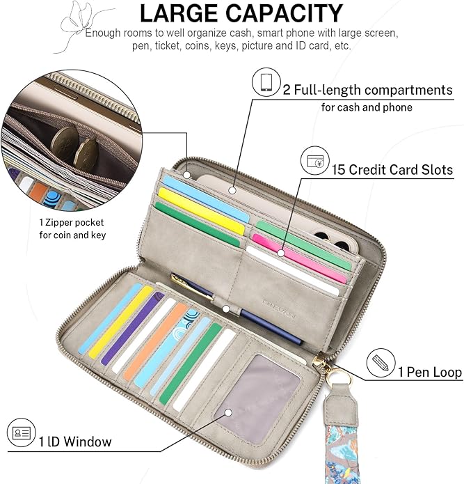 RFID Wallet Women, Large Capacity Butterfly Cell Phone Clutch Purses Ladies Wristlet Wallets for Women